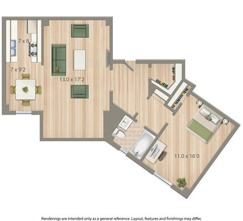 Floor plan for 1 bed, 1 bath, 750 sqft